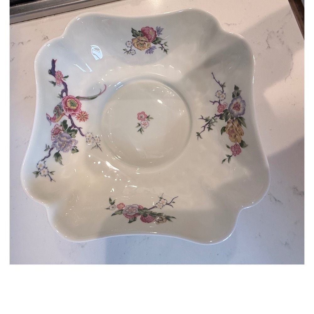 Bernardaud Limoges France Pekin Square Scalloped Floral Bird Porcelain Bowl 7in